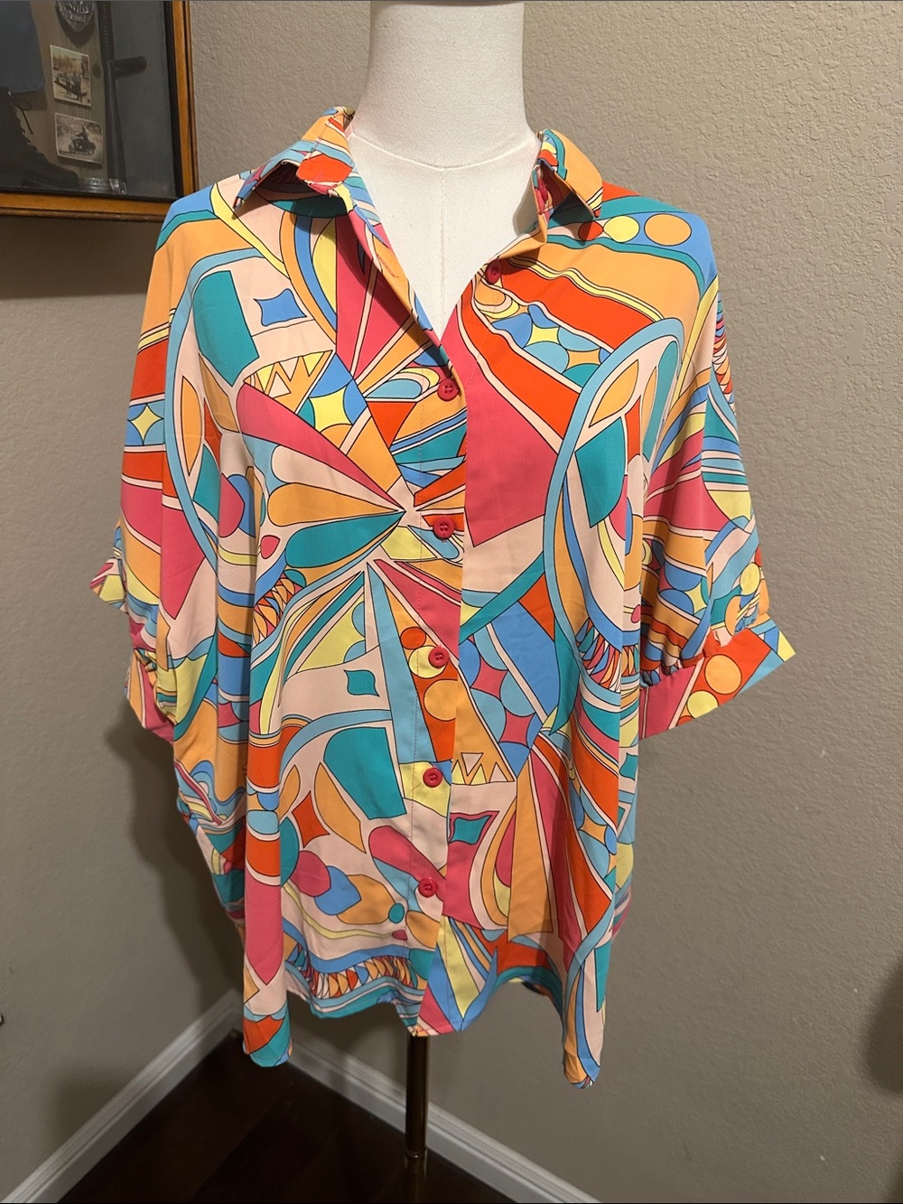 Colorful Abstract Button-Up Shirt in Coral, Teal & Yellow